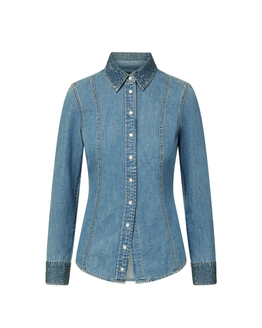 Eddie Embellished Chambray Shirt Riviera Breeze Tops - Button Down Veronica Beard 