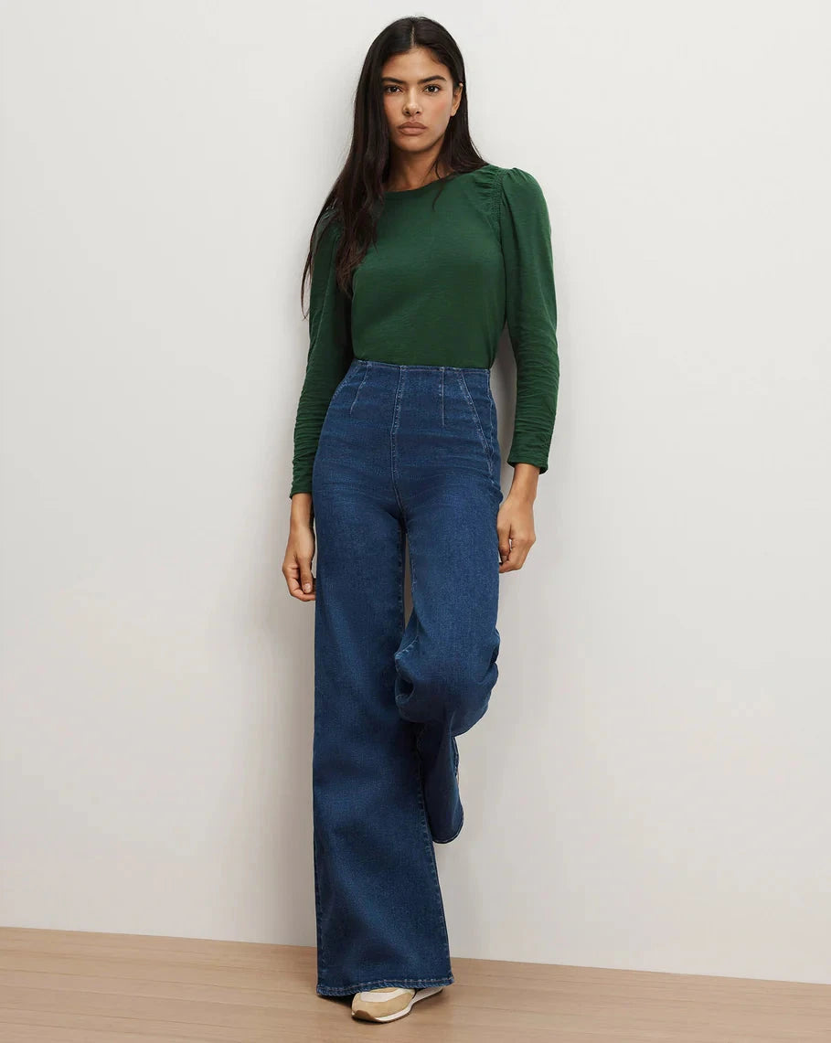 Bouvet Smocked-Shoulder T-Shirt Dark Hunter Green Tops - Tees Veronica Beard 