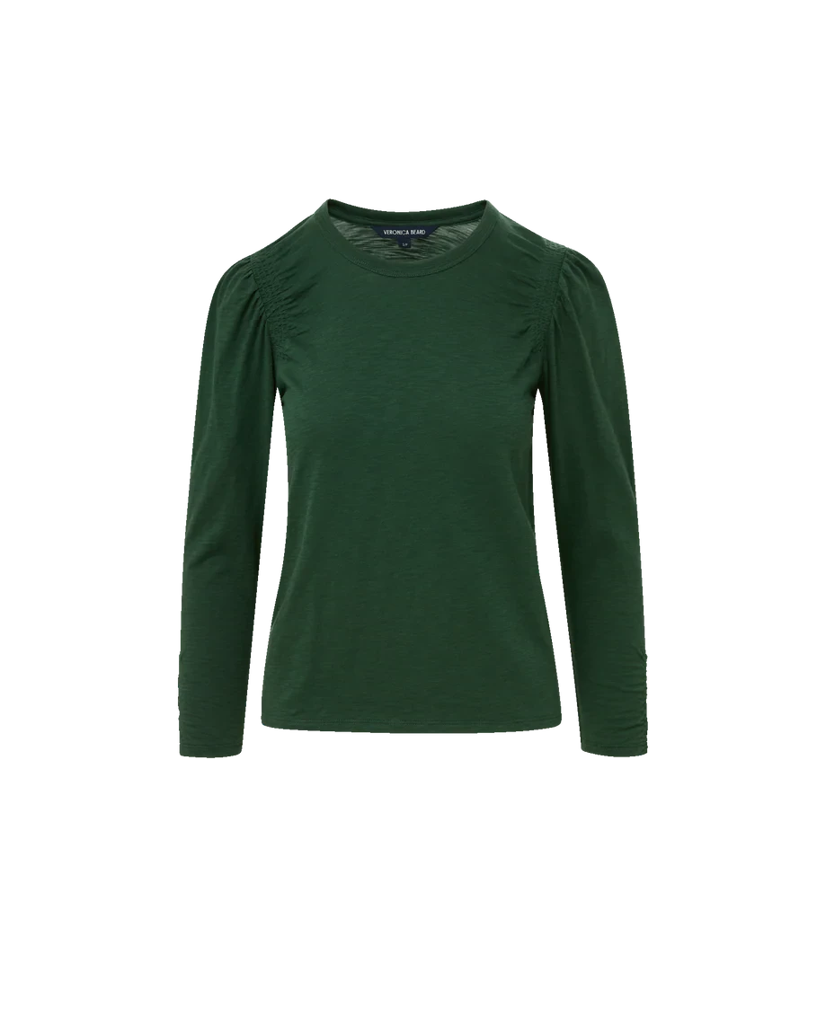 Bouvet Smocked-Shoulder T-Shirt Dark Hunter Green Tops - Tees Veronica Beard 