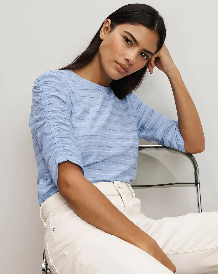 Waldorf Ruched-Sleeve T-Shirt Ice Blue Multi Tops - Tees Veronica Beard 