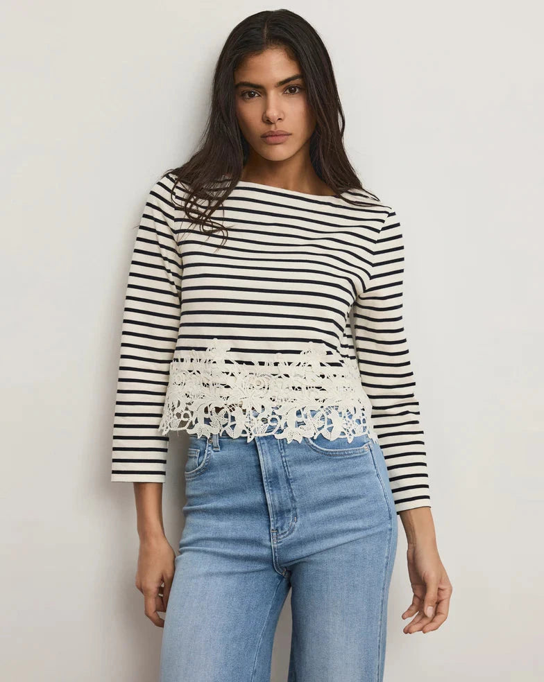 Hovey Striped Lace Shirt white & Navy Stripe Tops - Tees Veronica Beard 