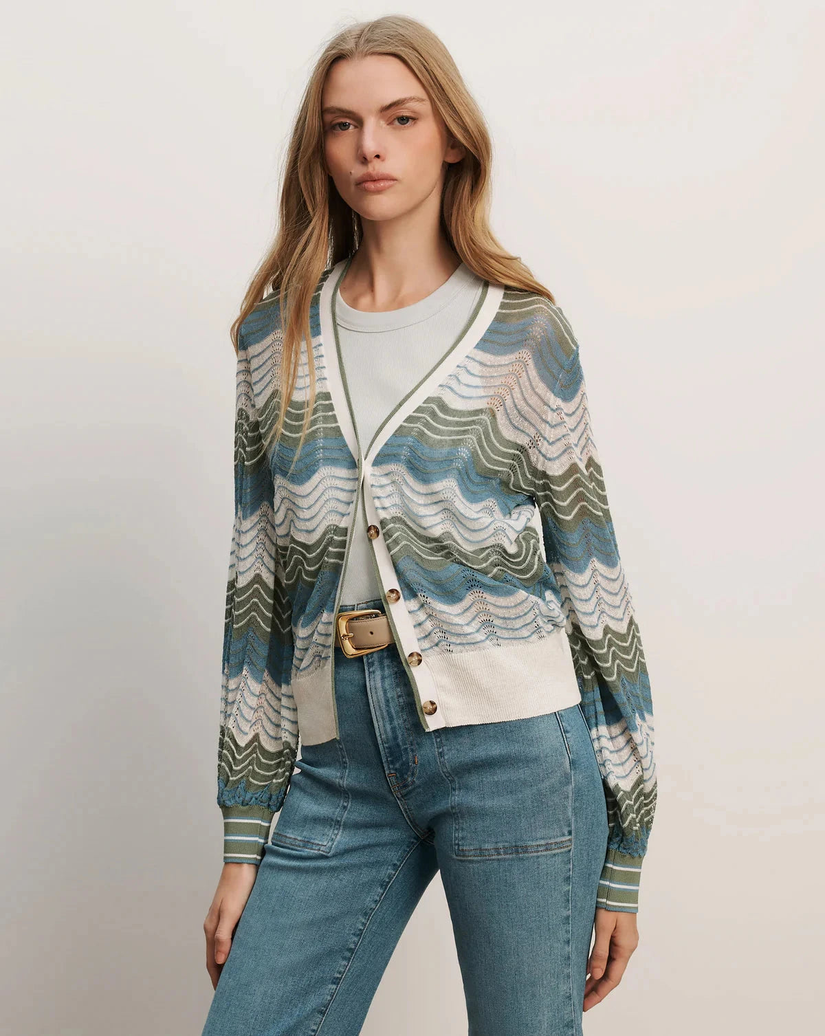Laurinor Cardigan Dove White/ Sage/ Blue River Sweater - Cardigans Veronica Beard 