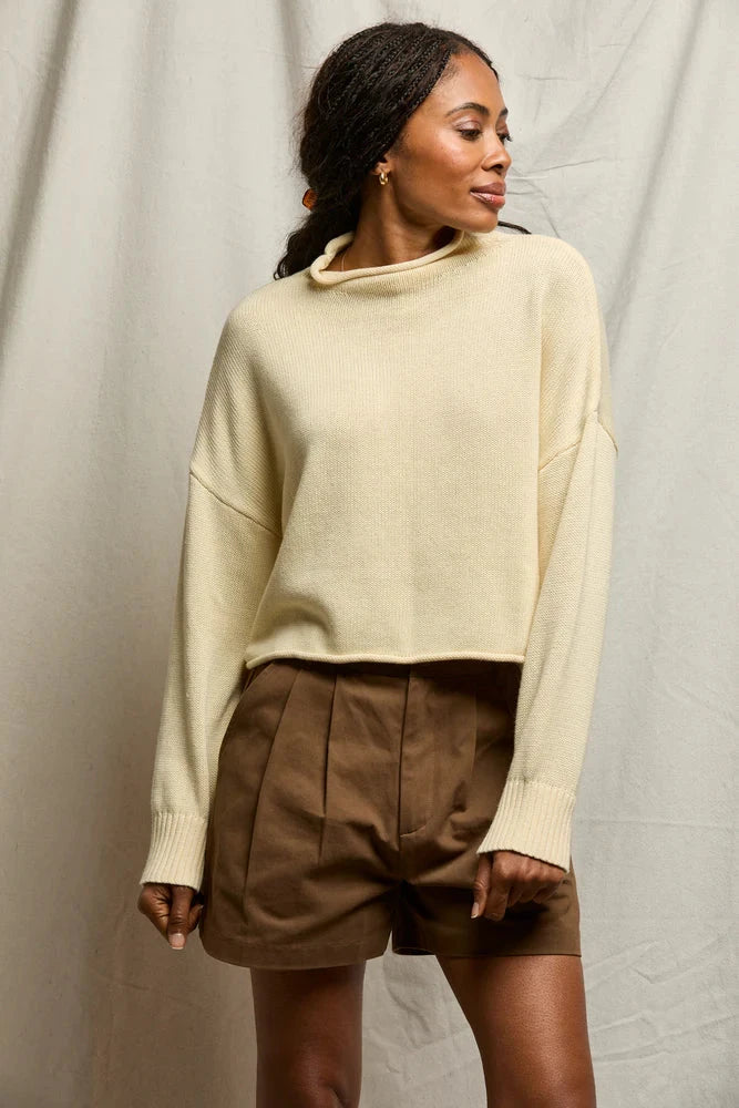 Kiki Cropped Mock Neck Cotton Sweater Custard Sweater - Turtleneck perfectwhitetee 