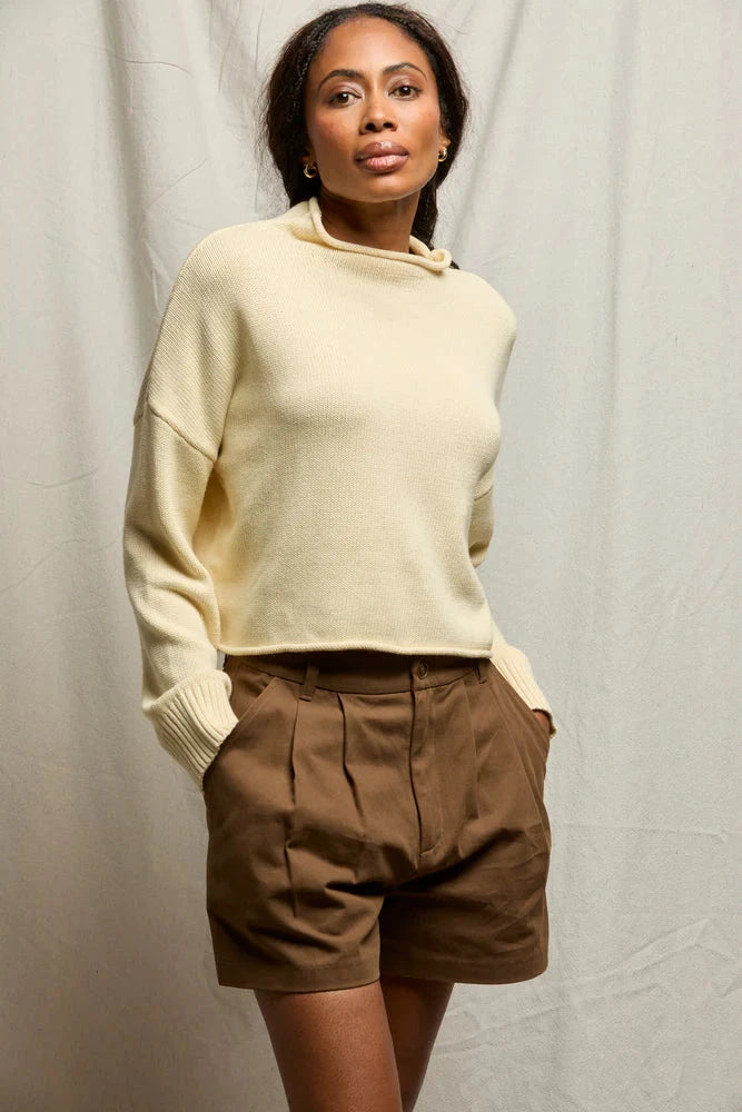Kiki Cropped Mock Neck Cotton Sweater Custard Sweater - Turtleneck perfectwhitetee 