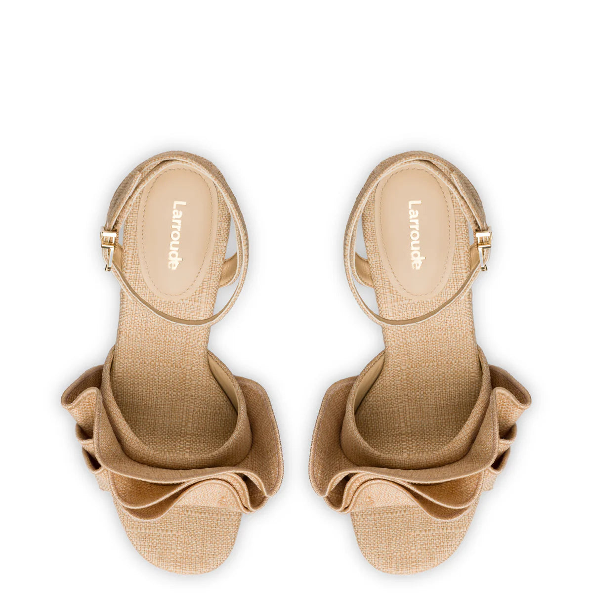 Selena Ruffle Sandal Beige Raffia Sandals - Heeled Sandals Larroude 