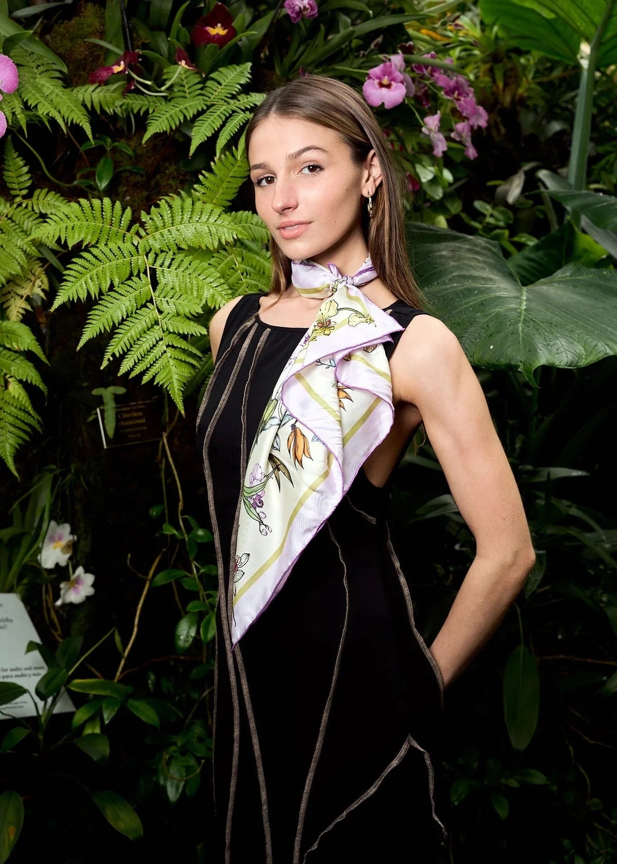 Orchid Symphony Silk Bandana Scarf Beige Scarves Lost Pattern NYC 