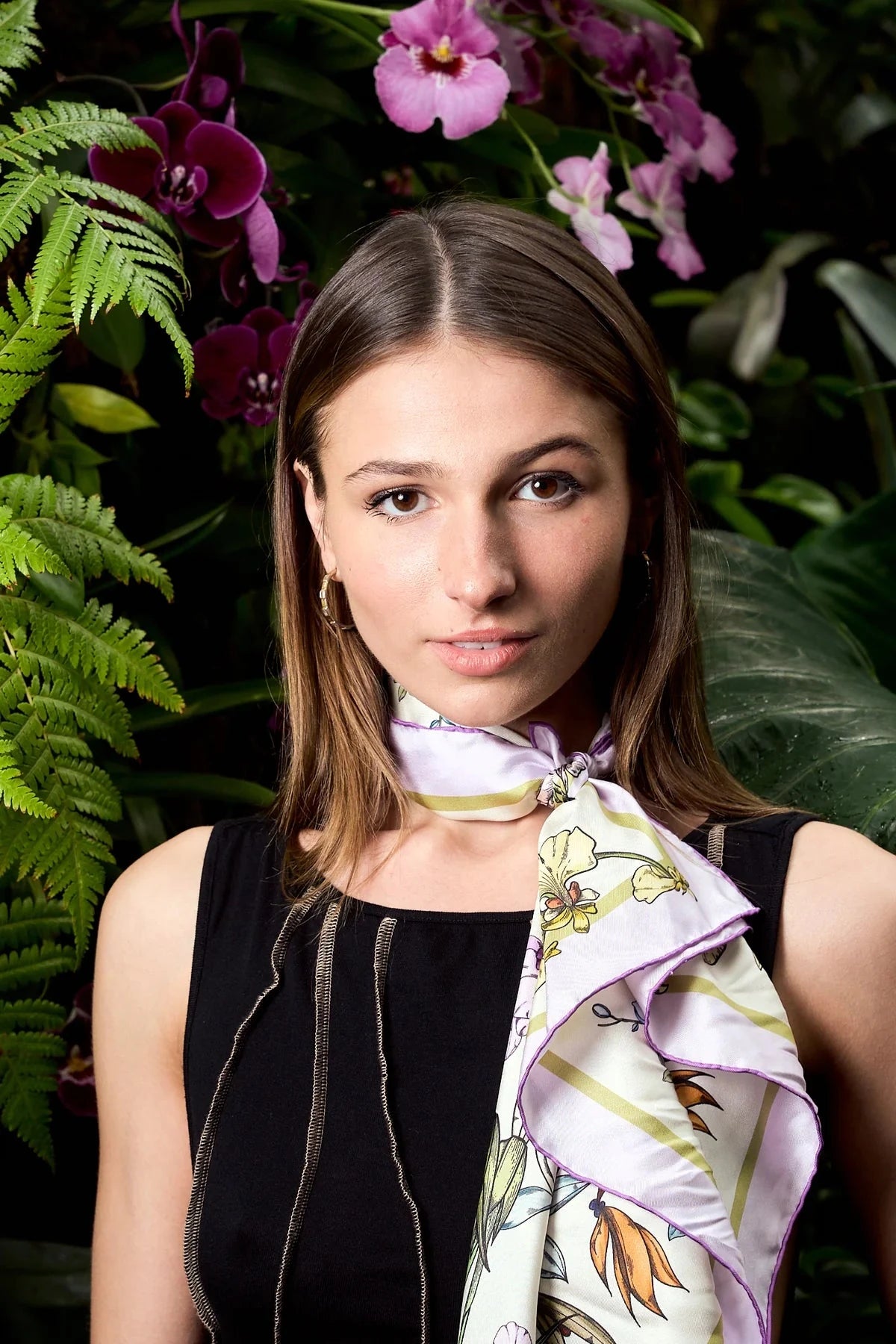 Orchid Symphony Silk Bandana Scarf Beige Scarves Lost Pattern NYC 