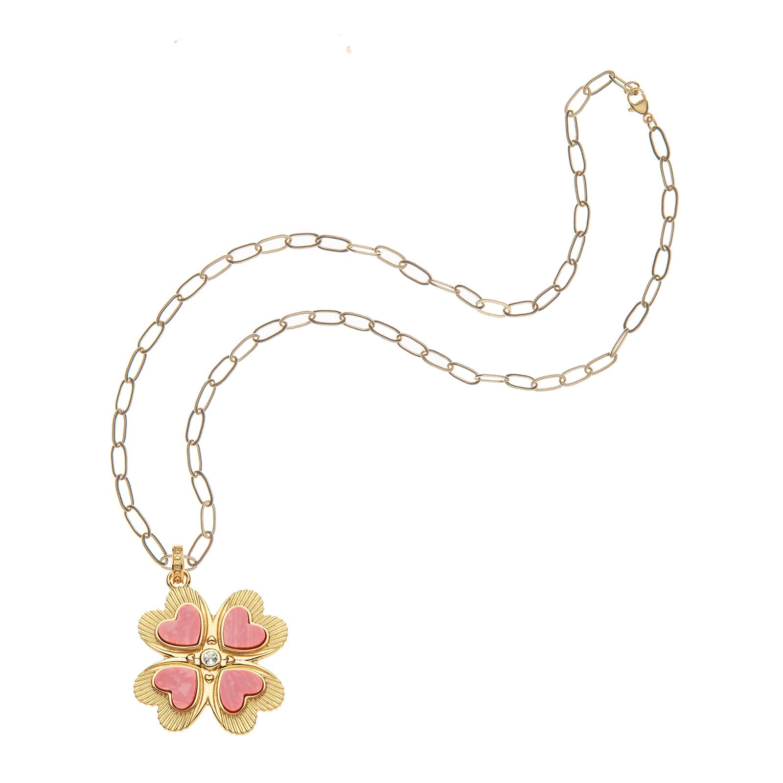 Lucky in Love Clover Pendant with Coral 18" Drawn Link Chain Necklaces Jane Win 