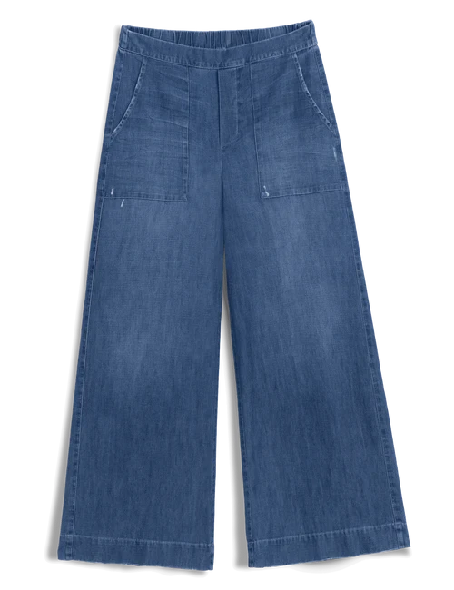Madeline Patch Pocket Pull on Pant Distressed Indigo Denim - Flare & Wide Leg Frank & Eileen 