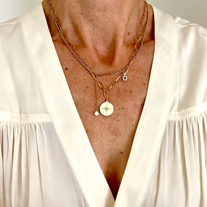 close up of Ma Cocotte Cosmos Necklace on a lady wearing a white v-neck blouse