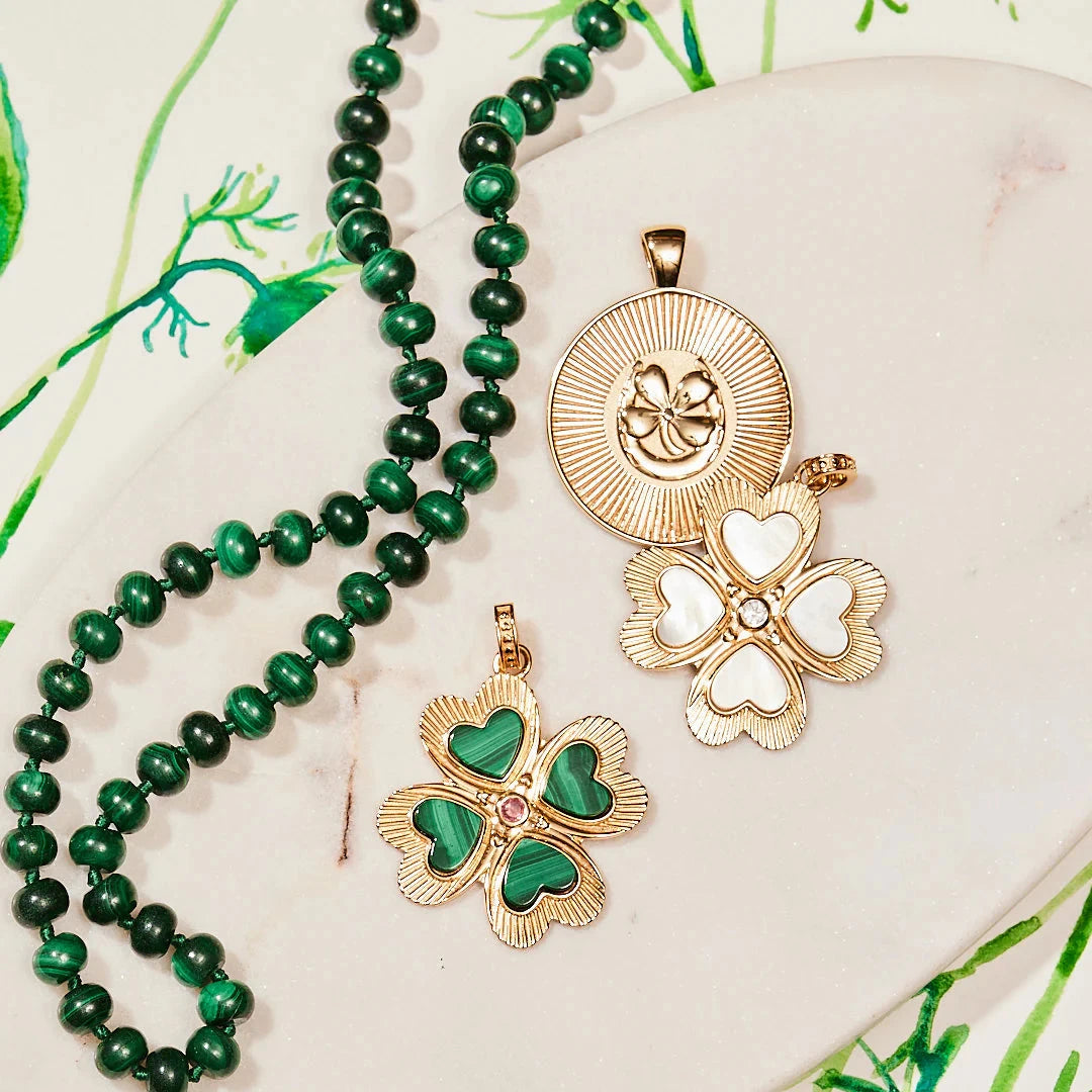 Lucky in Love Clover Pendant with Malachite 18" Drawn Link Necklaces Jane Win 