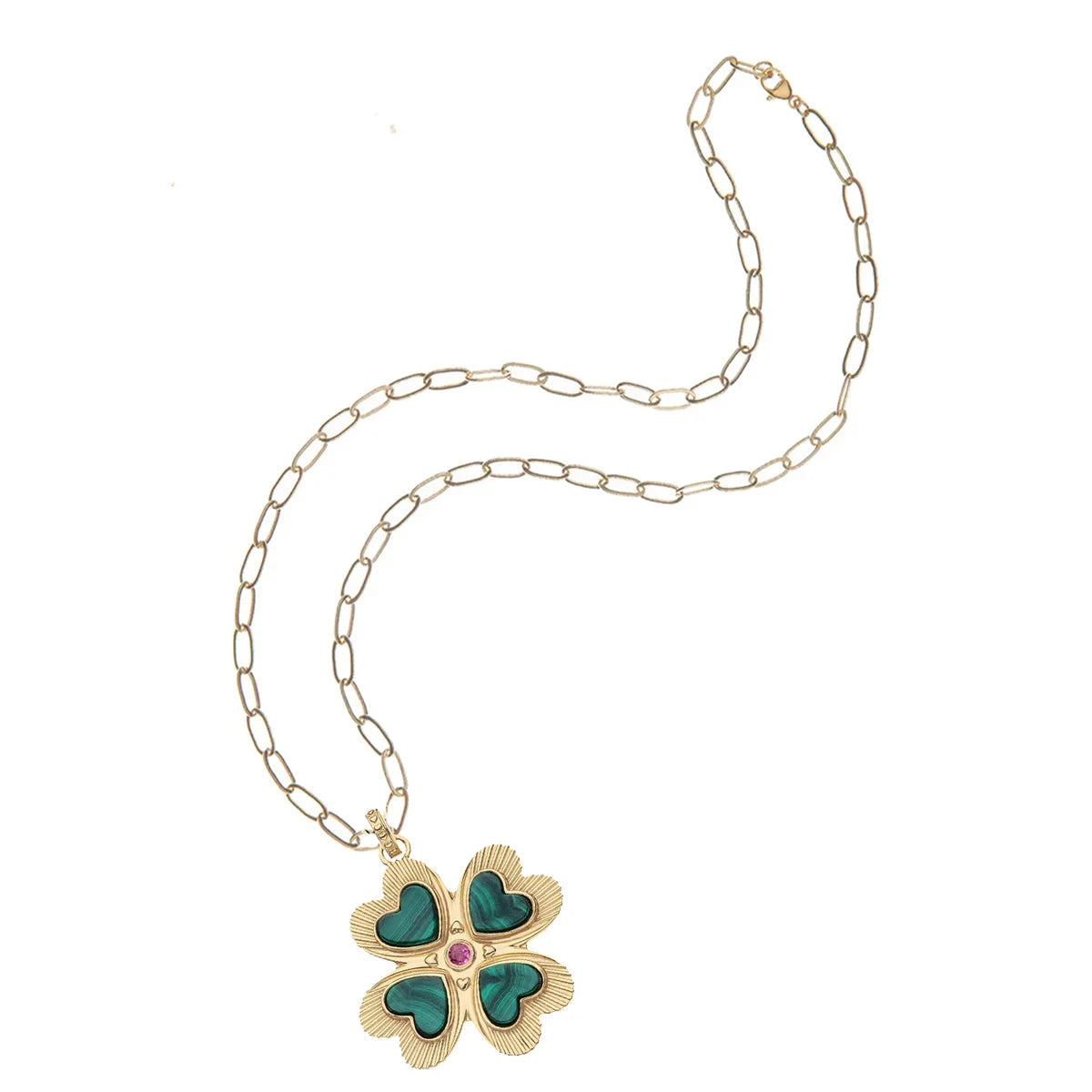 Lucky in Love Clover Pendant with Malachite 18" Drawn Link Necklaces Jane Win 