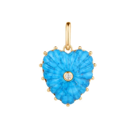 Blue heart-shaped pendant with gold accents on a white background