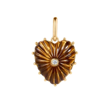 Heart-shaped pendant with gold and brown design on a white background