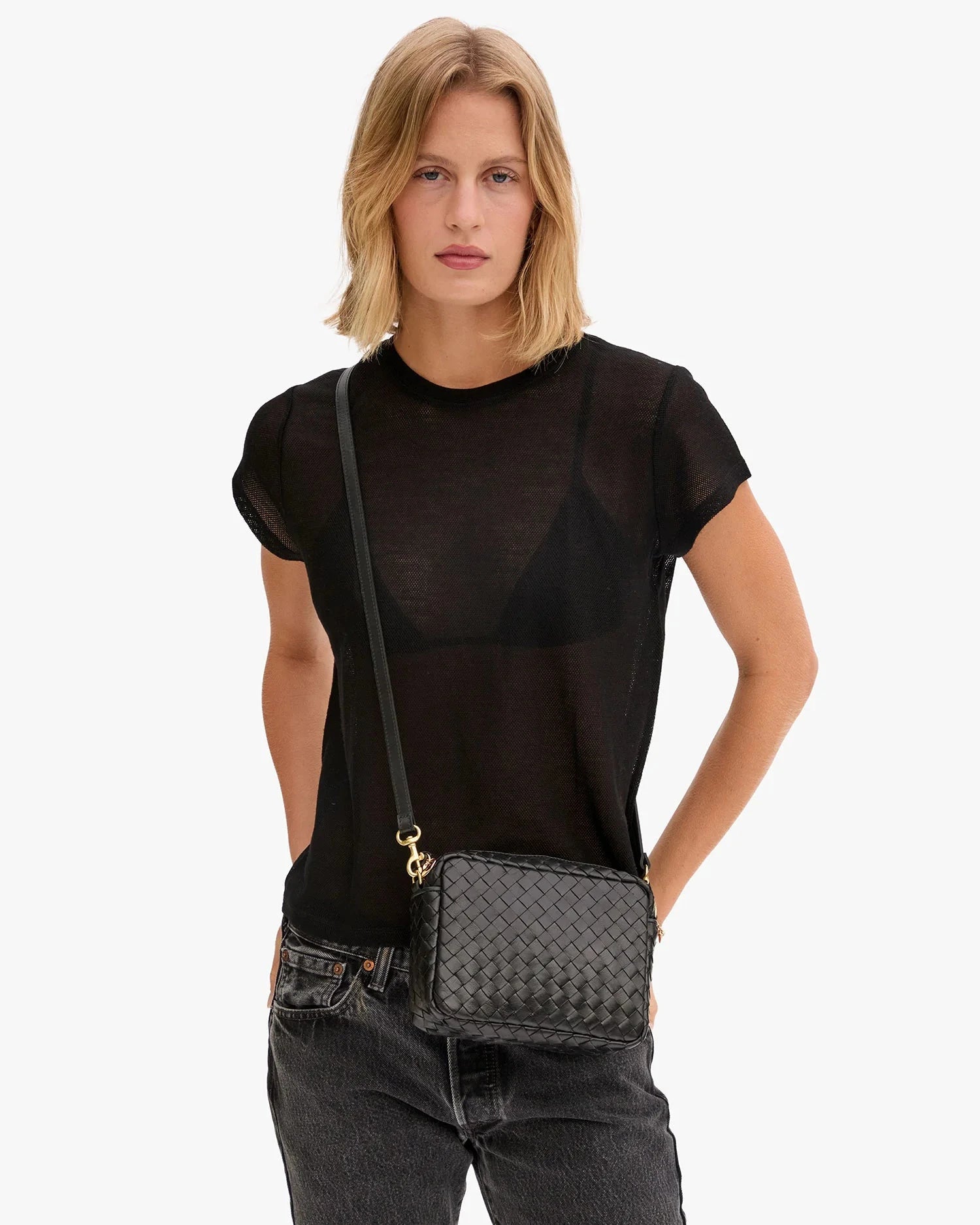 Midi Sac Woven Diagonal Black Crossbody Clare V. 