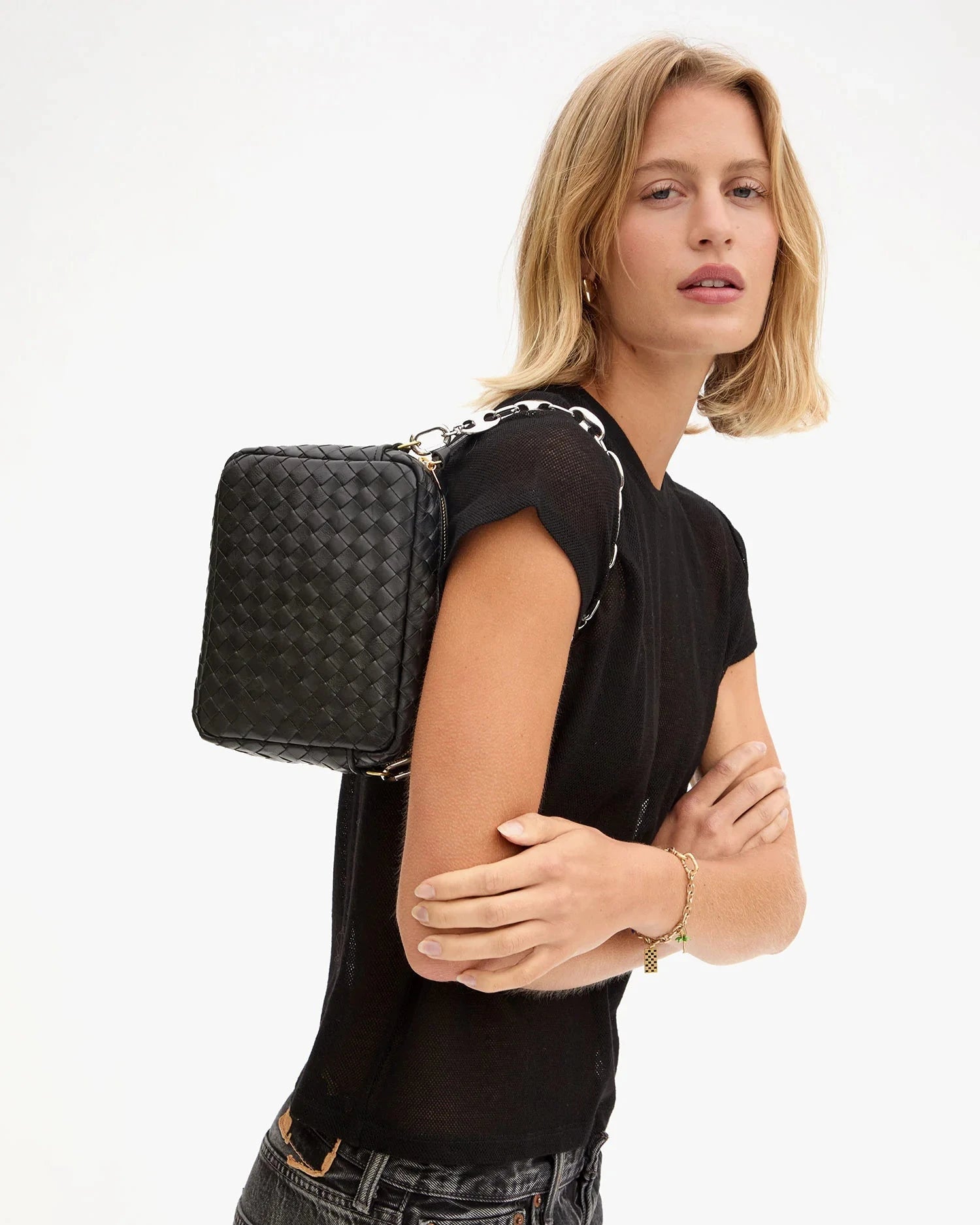 Midi Sac Woven Diagonal Black Crossbody Clare V. 