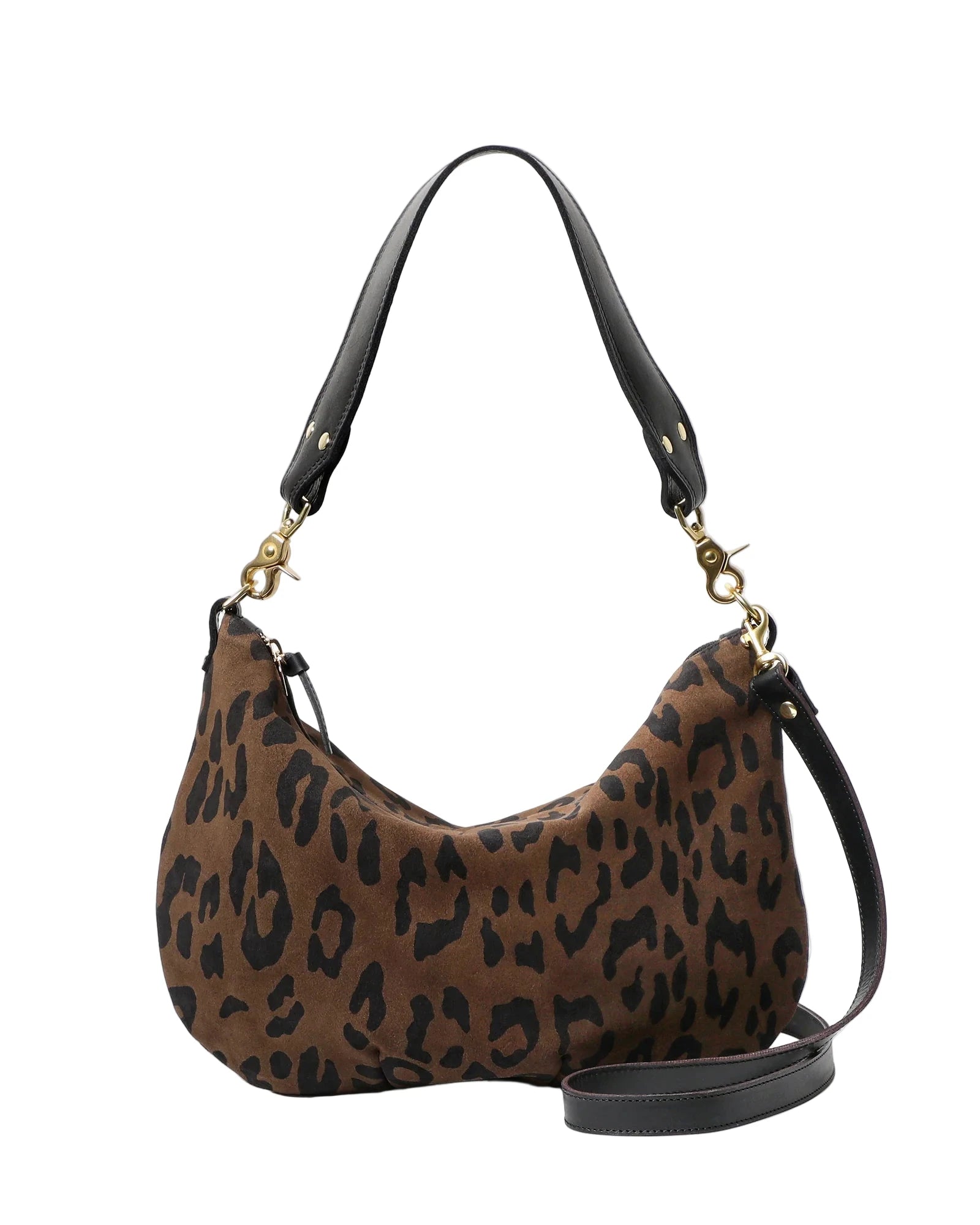 Leopard print handbag with black handle and strap on a white background