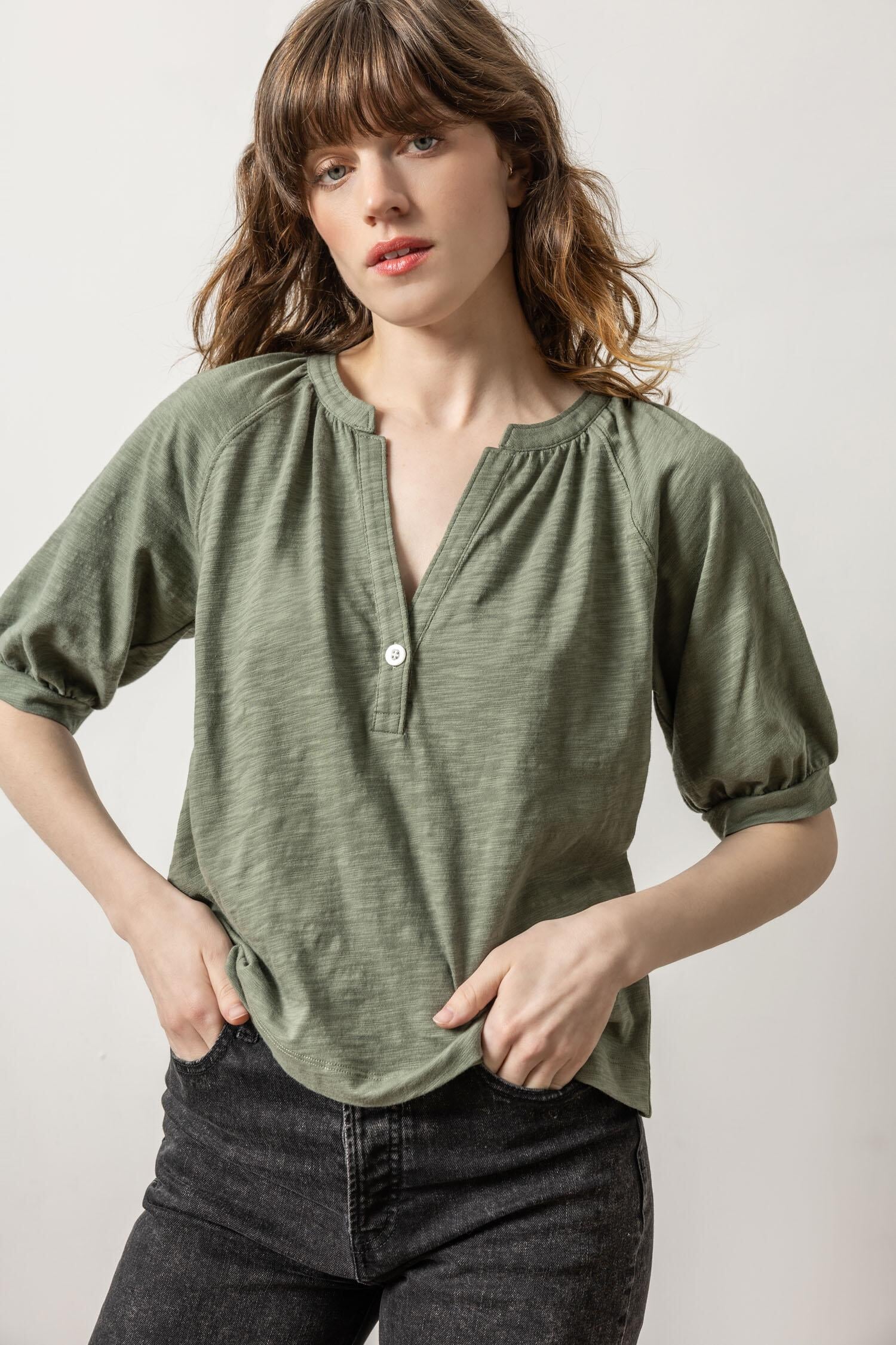 Shirred Split Neck Raglan Agave Tops - Blouses Lilla P 