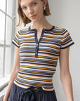 Striped Short Sleeve Henley Navy Stripe Tops - Blouses Lilla P 