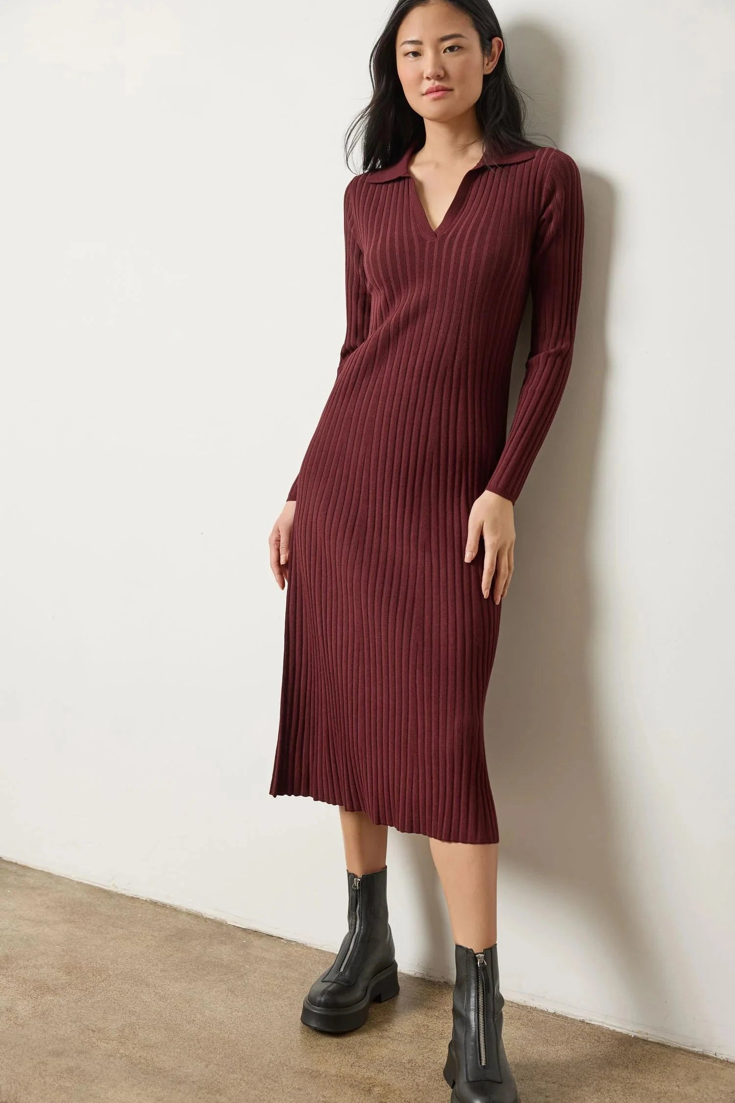 Long Sleeve Rib Henley Dress Dark Cherry Dresses - Midi Lilla P 