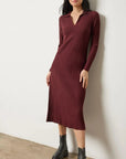 Long Sleeve Rib Henley Dress Dark Cherry Dresses - Midi Lilla P 