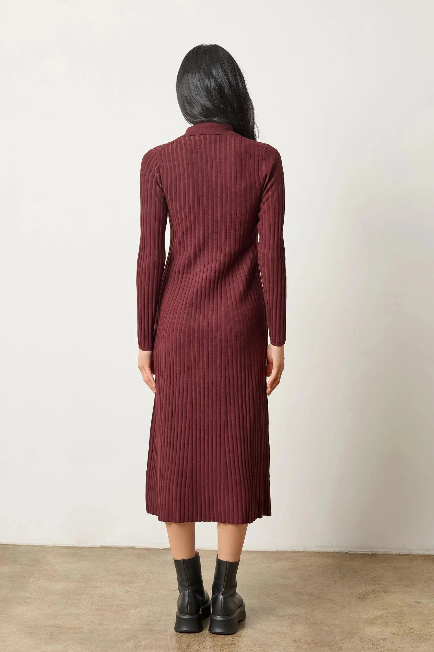 Long Sleeve Rib Henley Dress Dark Cherry Dresses - Midi Lilla P 