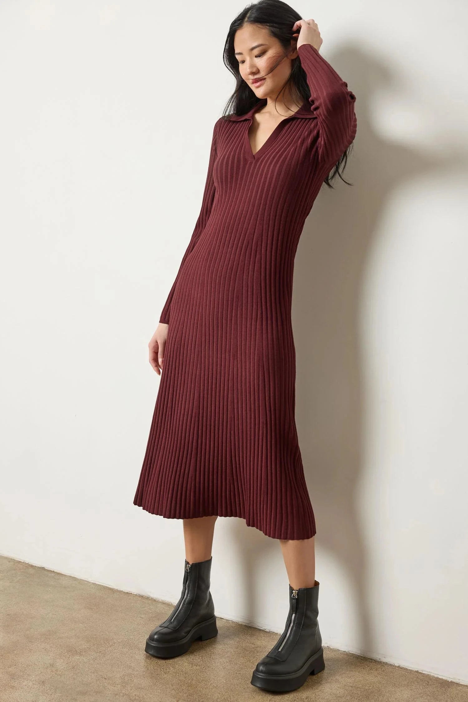 Long Sleeve Rib Henley Dress Dark Cherry Dresses - Midi Lilla P 