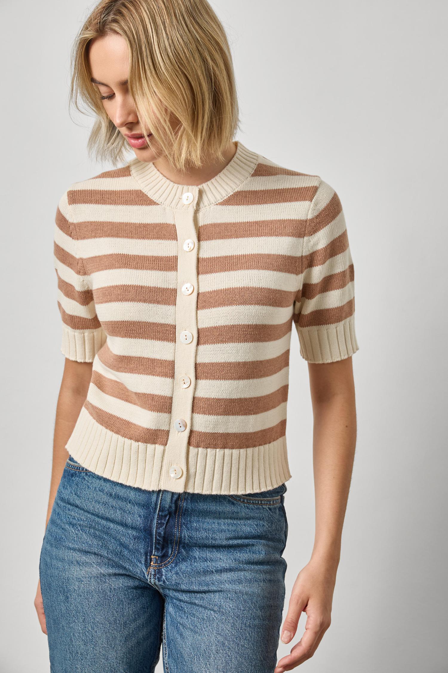 Elbow Sleeve Cardigan Fawn Stripe Sweater - Cardigans Lilla P 