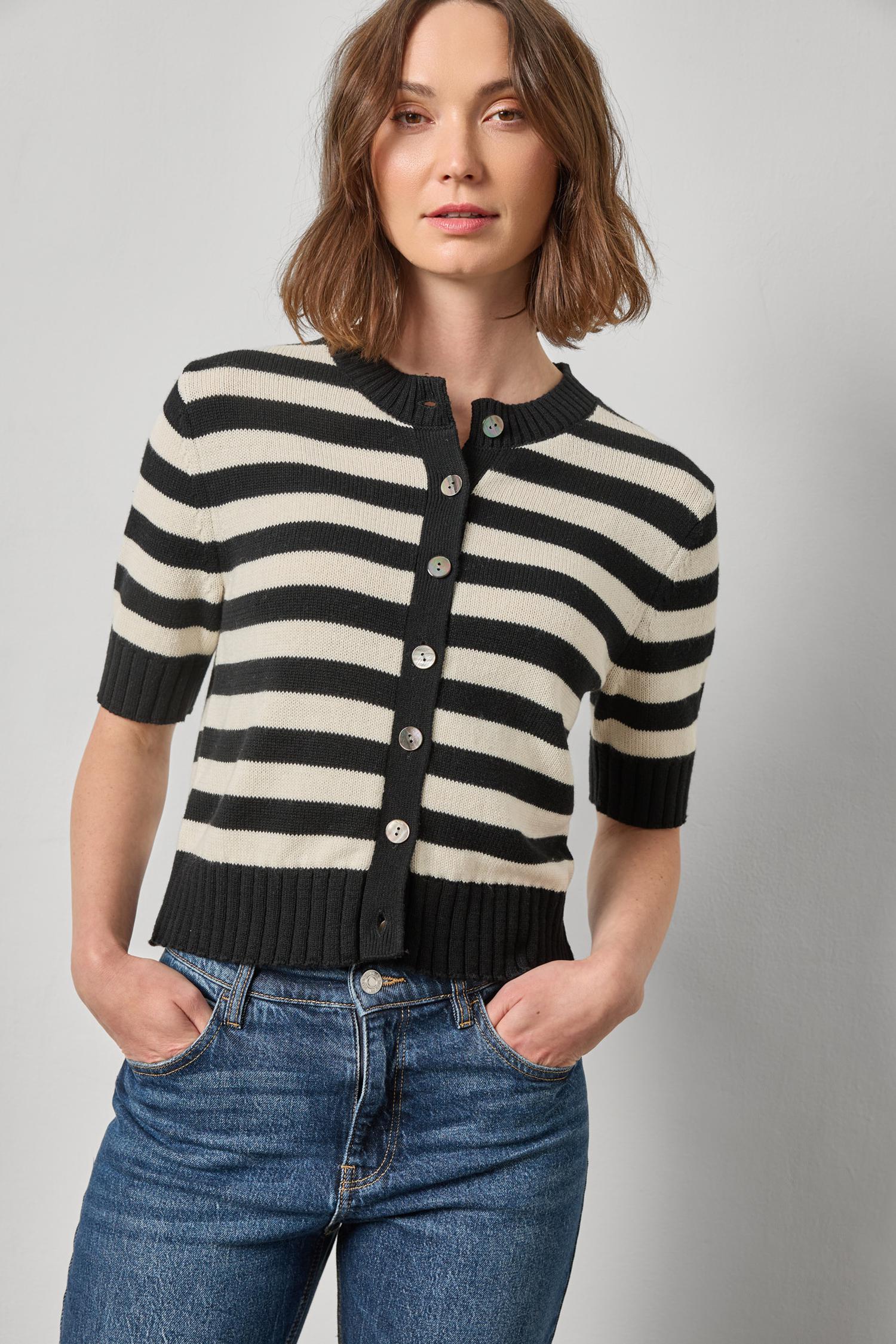 Elbow Sleeve Cardigan Jet Black Stripe Sweater - Cardigans Lilla P 