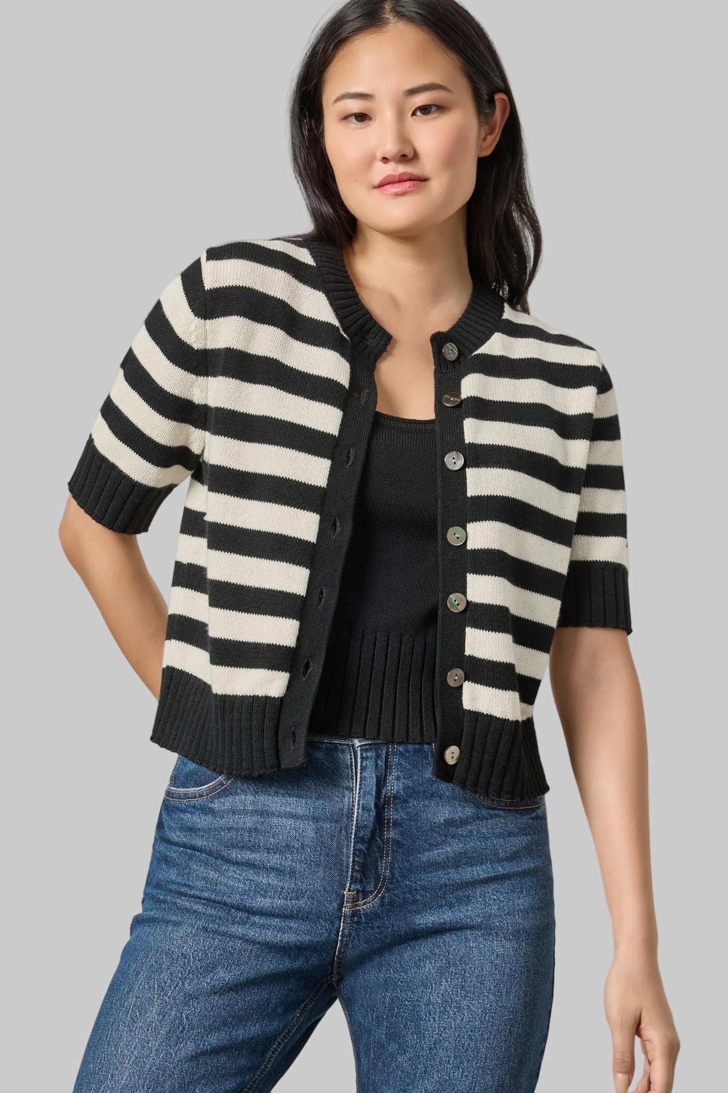 Elbow Sleeve Cardigan Jet Black Stripe Sweater - Cardigans Lilla P 