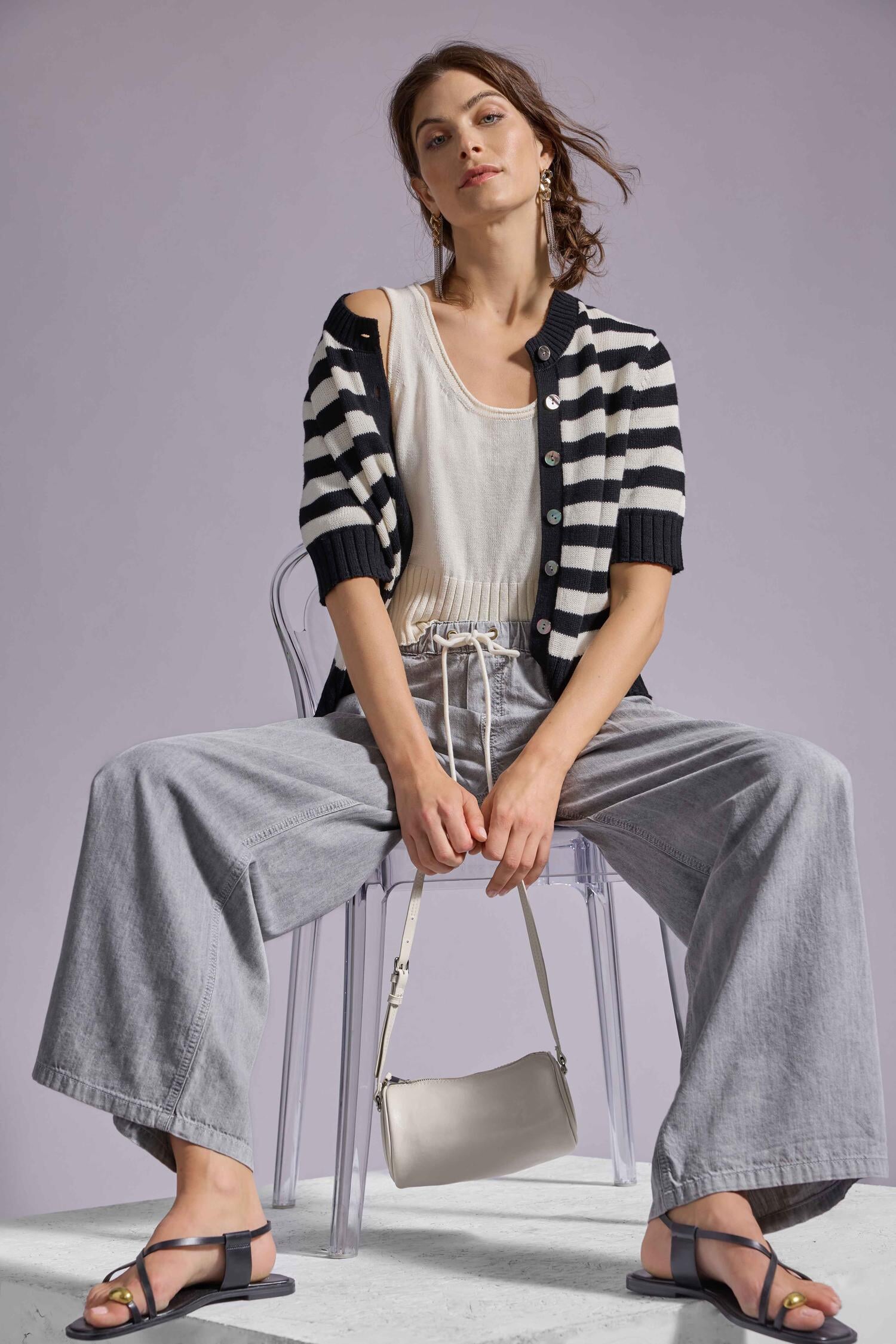 Elbow Sleeve Cardigan Jet Black Stripe Sweater - Cardigans Lilla P 