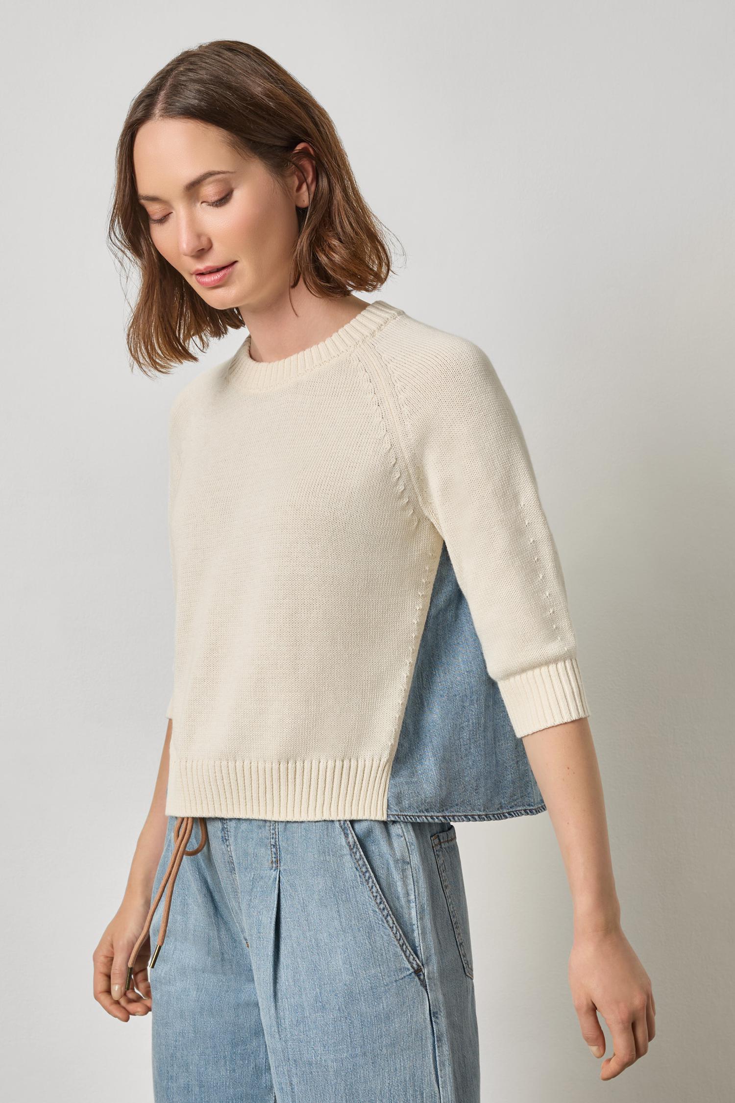 Denim Elbow Sleeve Sweater Off White Sweater - Crewneck Lilla P 