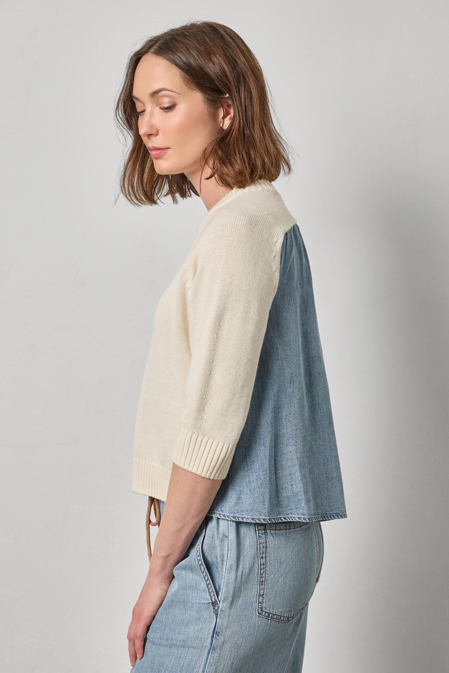 Denim Elbow Sleeve Sweater Off White Sweater - Crewneck Lilla P 