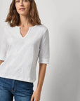 Rib Trim Elbow Split Neck Tee White Tops - Tees Lilla P 