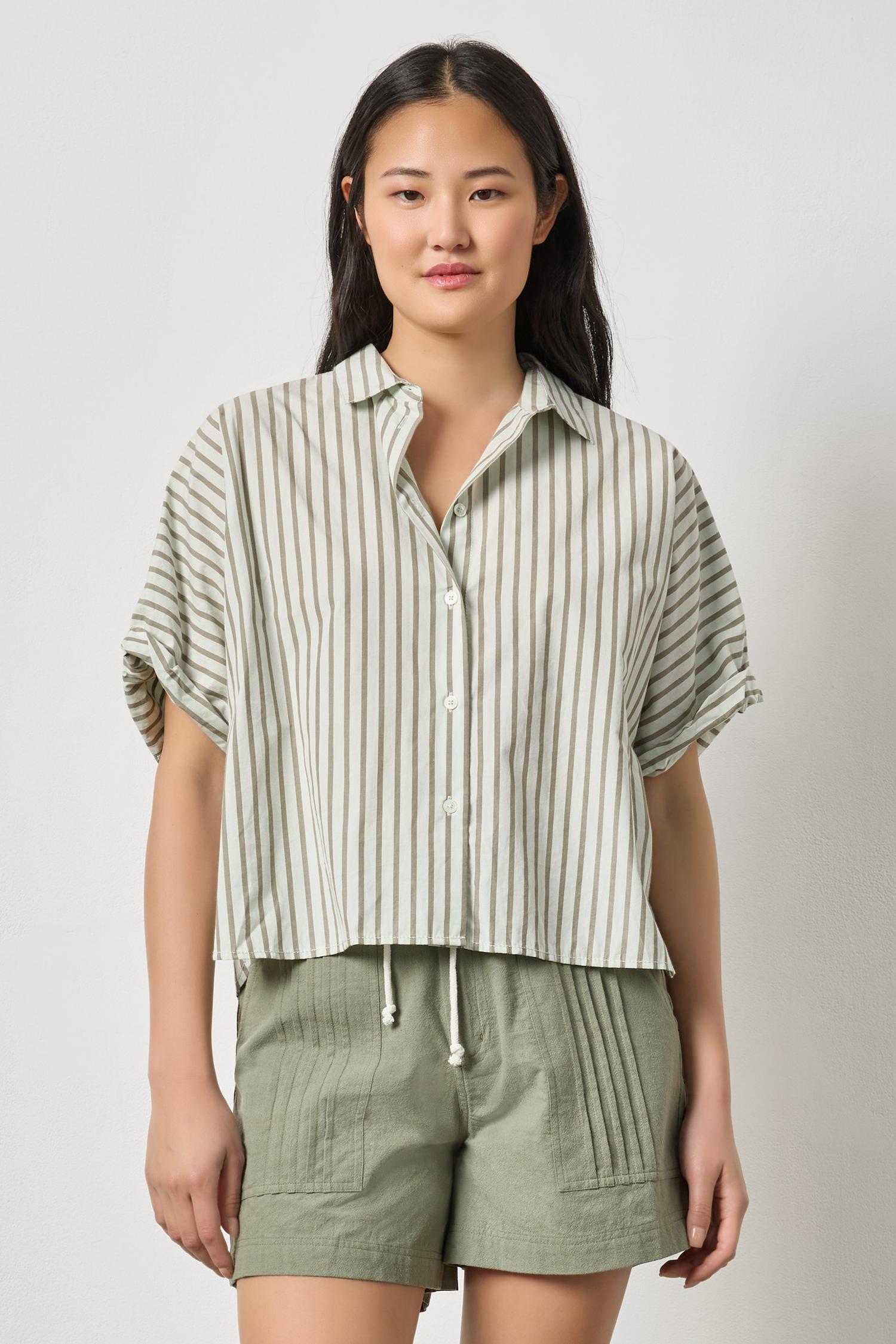 Striped Oversized Button Down Dolman Pool Stripe Tops - Button Down Lilla P 
