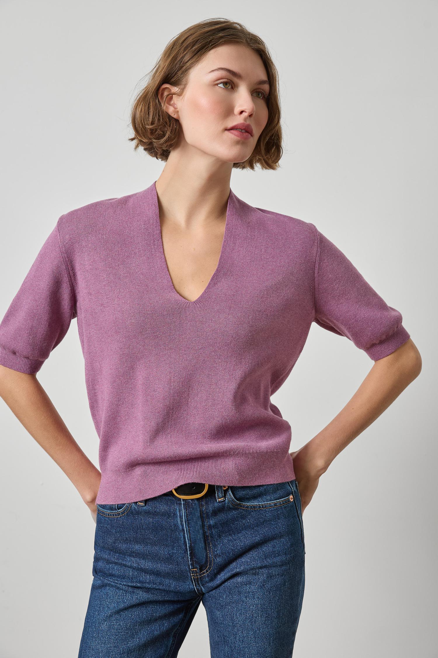 V-Neck Elbow Short Sleeve Sweater Dewberry Sweater - V-Neck Lilla P 