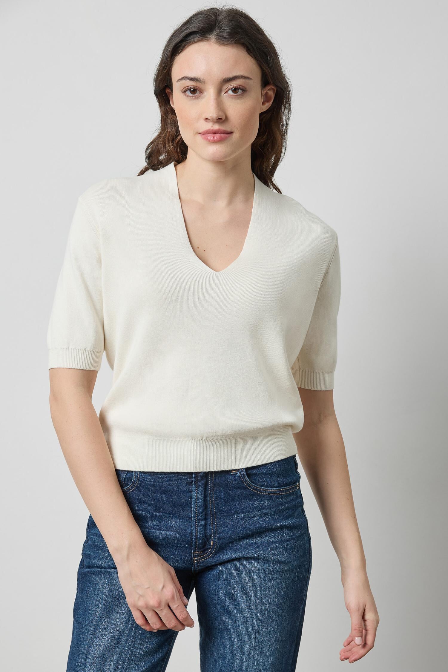 V-Neck Elbow Short Sleeve Sweater Ivory Sweater - V-Neck Lilla P 