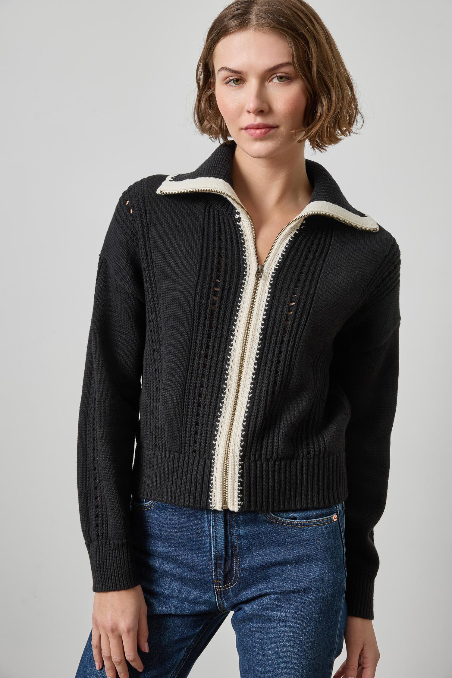 Contrast Collar Zip Cardigan Black Sweater - Cardigans Lilla P 
