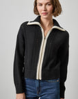 Contrast Collar Zip Cardigan Black Sweater - Cardigans Lilla P 
