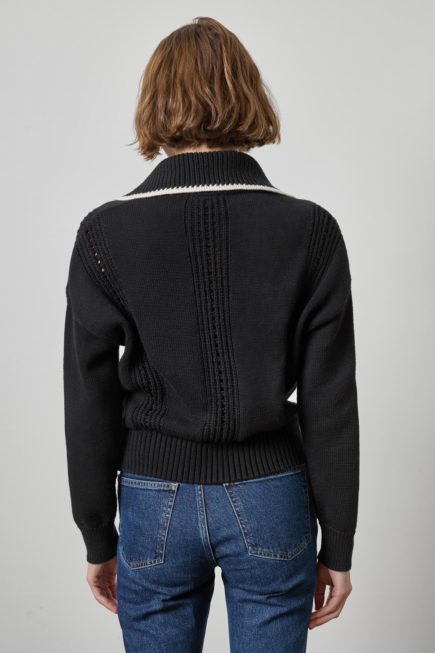 Contrast Collar Zip Cardigan Black Sweater - Cardigans Lilla P 