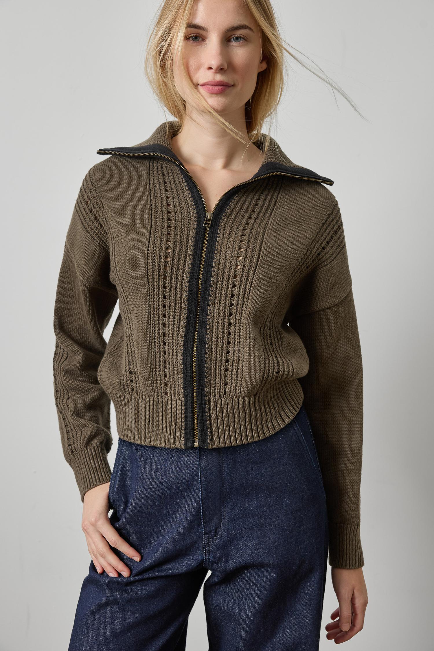 Contrast Collar Zip Cardigan Olive Sweater - Cardigans Lilla P 