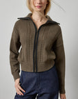 Contrast Collar Zip Cardigan Olive Sweater - Cardigans Lilla P 