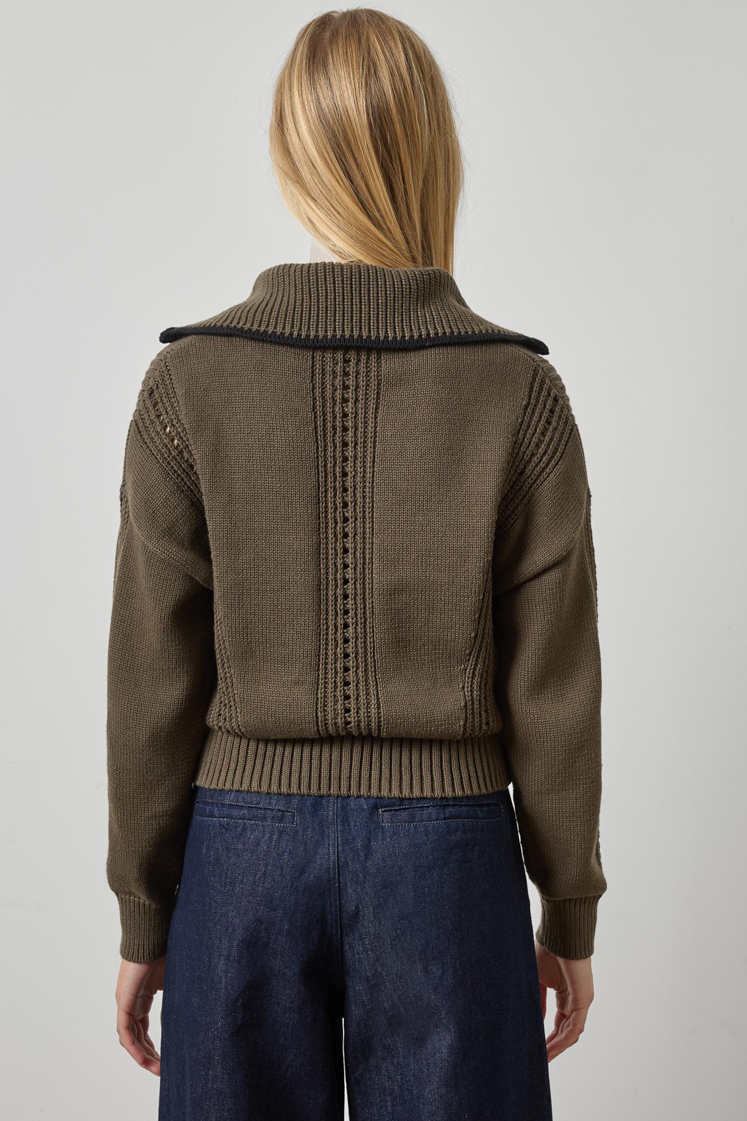Contrast Collar Zip Cardigan Olive Sweater - Cardigans Lilla P 
