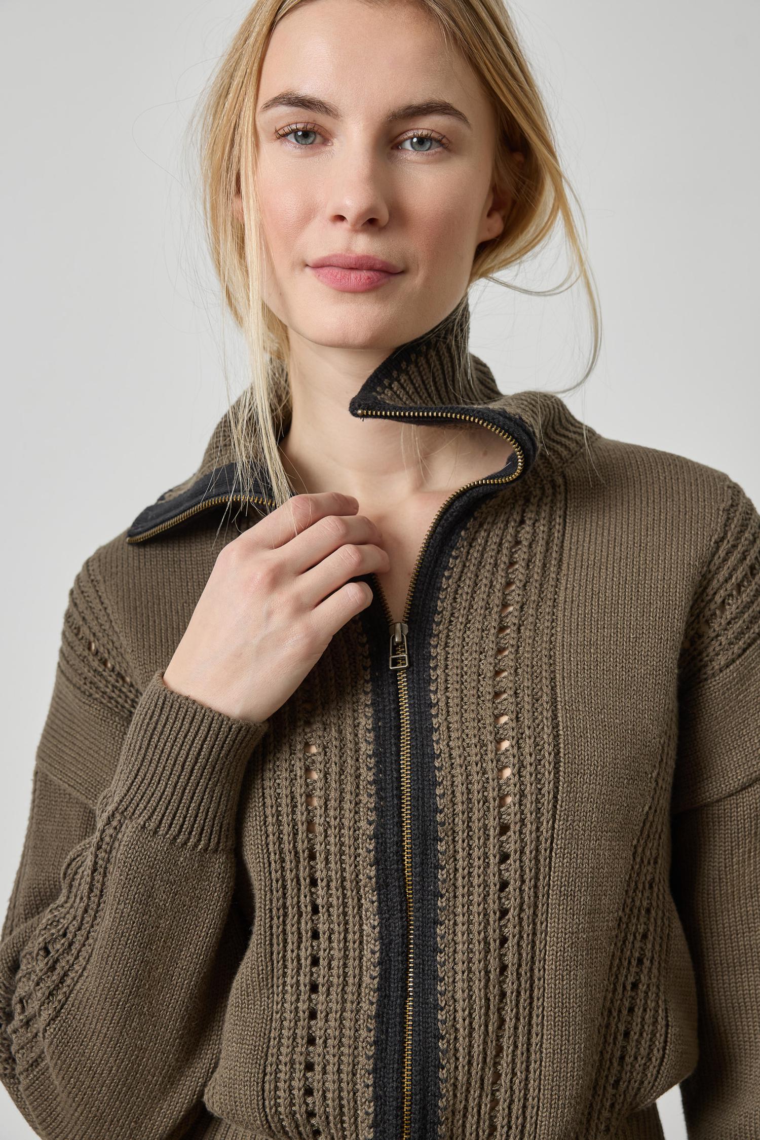 Contrast Collar Zip Cardigan Olive Sweater - Cardigans Lilla P 