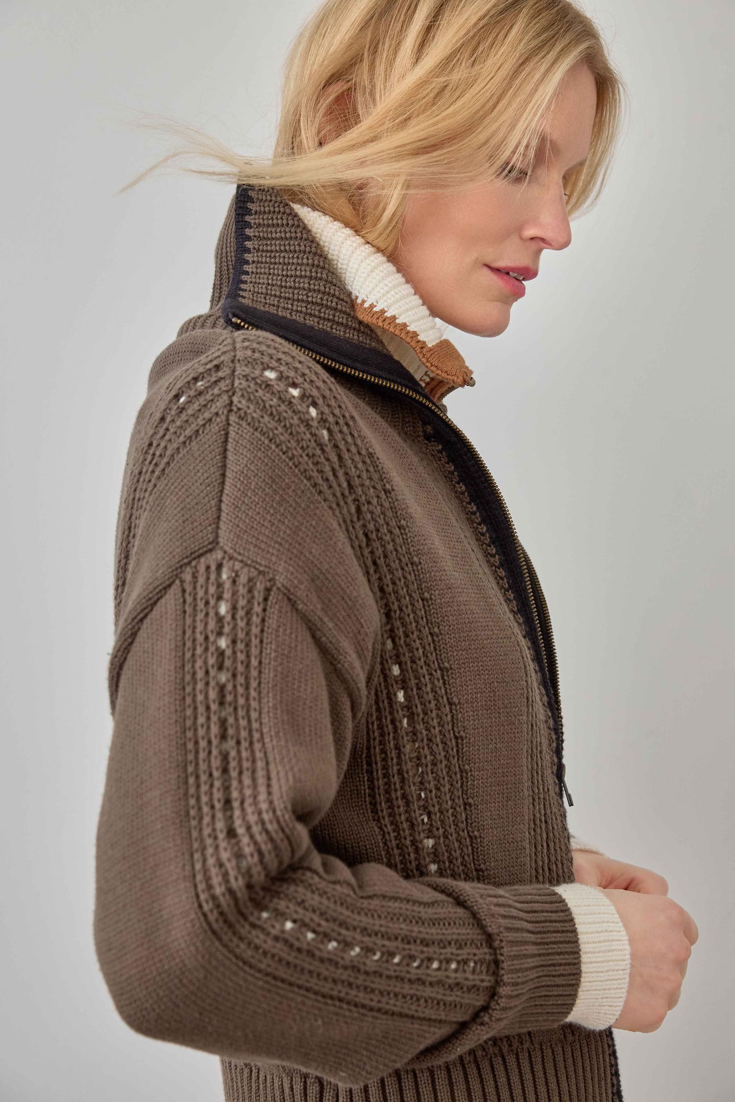 Contrast Collar Zip Cardigan Olive Sweater - Cardigans Lilla P 