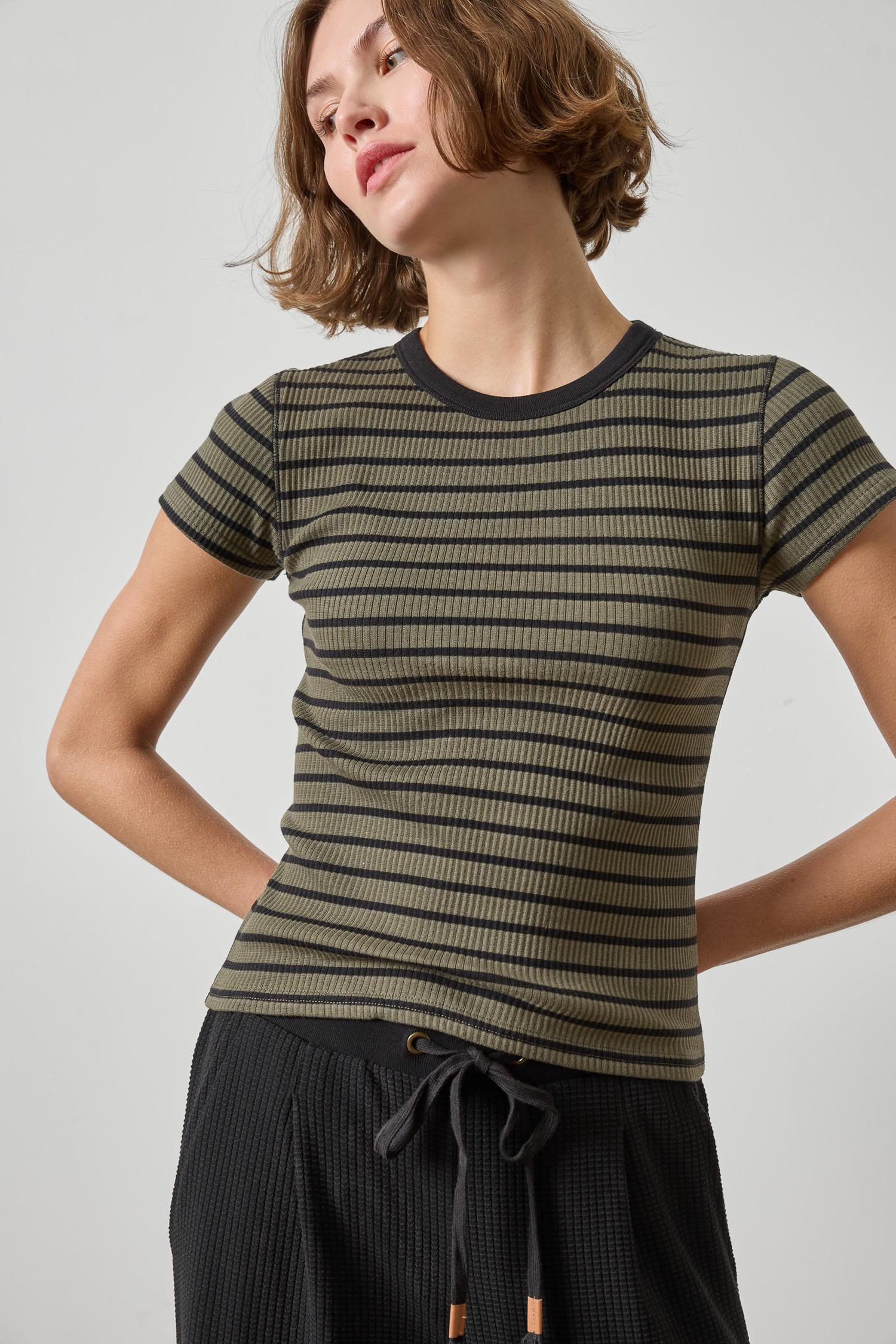 Ribbed Short Sleeve Crew Tee Olive Stripe Tops - Tees Lilla P 