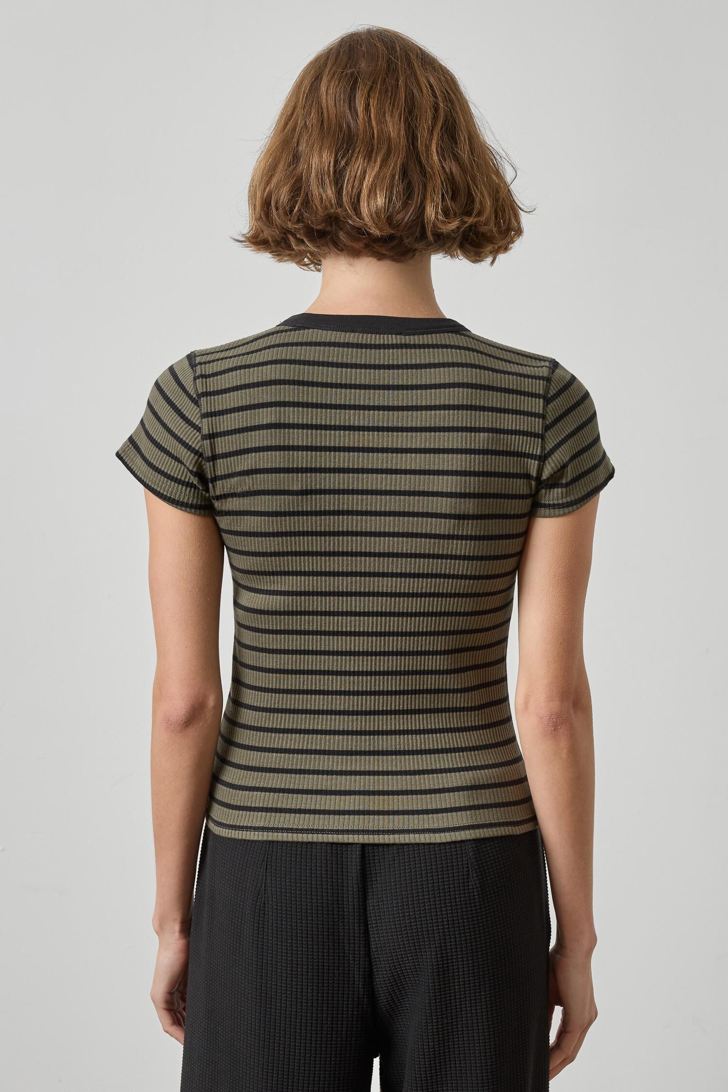 Ribbed Short Sleeve Crew Tee Olive Stripe Tops - Tees Lilla P 