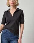Elbow Sleeve Collared Split Neck Tee Black