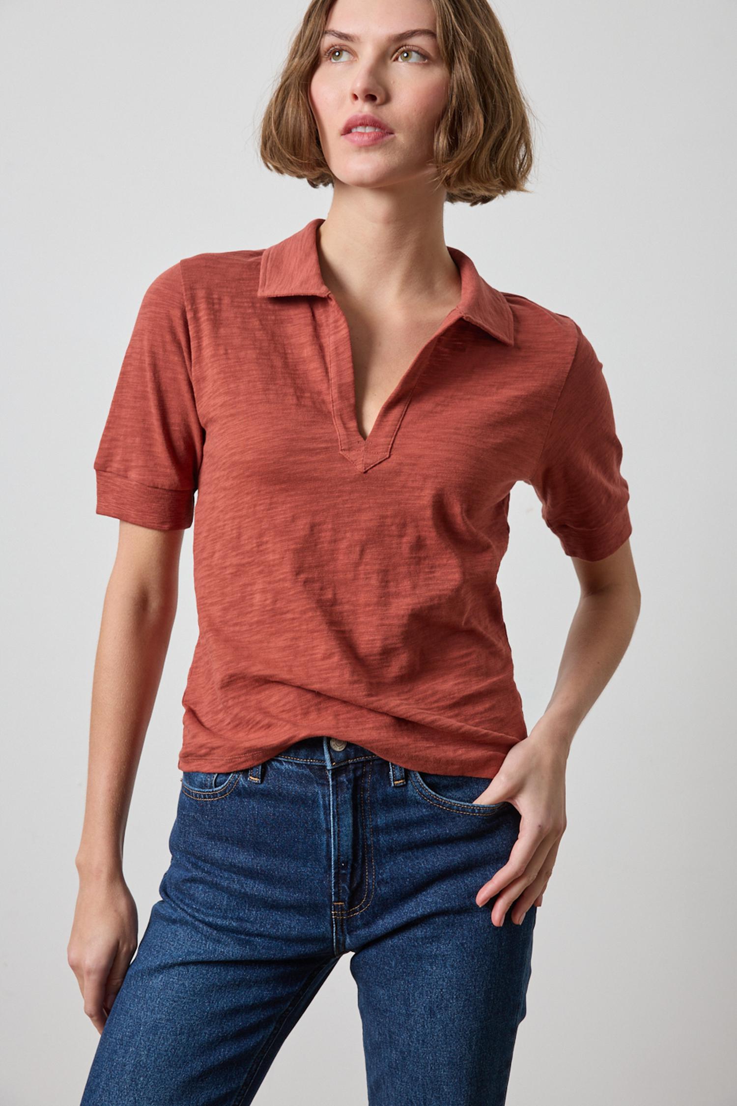 Elbow Sleeve Collared Split Neck Tee Henna Tops - Tees Lilla P 