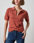 Elbow Sleeve Collared Split Neck Tee Henna Tops - Tees Lilla P 